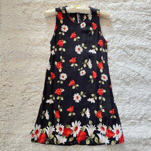 Vintage 90s Black Floral Dress Rose Daisy Print Short Sleeveless Size M Fairy